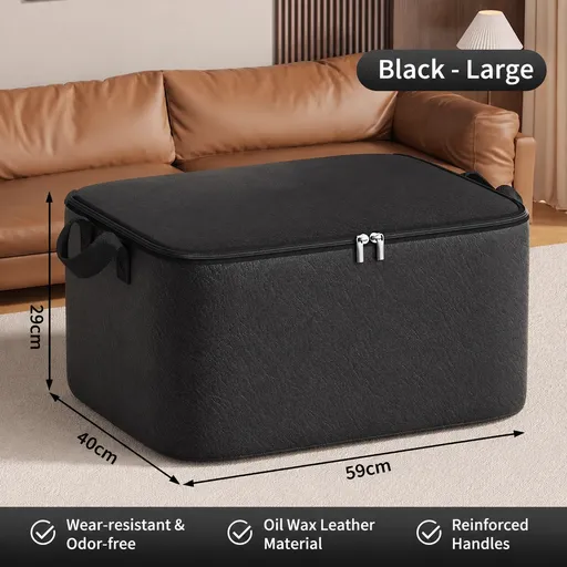 Must-Have Seasonal Waxed Canvas Storage Bag, Large Capacity Stackable Organizer with Reinforced Handles for Clothes & Quilts(black:L)