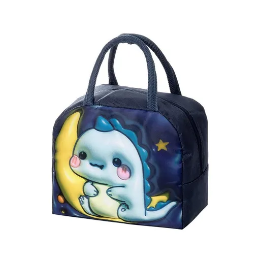 Cute 3D Cartoon Insulated Lunch Bag Oxford Fabric Bento Tote for School Use - Navy Blue Dinosaur