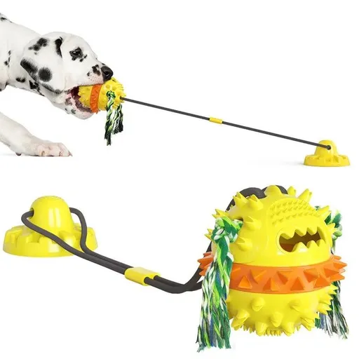 Interactive Suction Cup Dog Toy with Durable Chew Ball, Tug Rope, and Treat Dispenser – Anxiety Relief, Teeth Cleaning, and Bite-Resistant Fun for Indoor Play on Smooth Floors (Yellow)