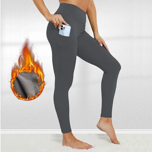 Size XXL Grey Women's Mid Waist Plush Leggings with Pockets - Autumn and Winter Leggings with Pockets