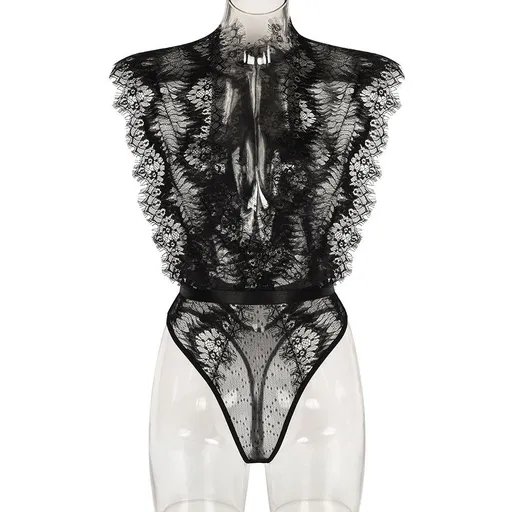 Sexy Lace Splicing Deep V-Neck Slimming Bodysuit Black - Black - L