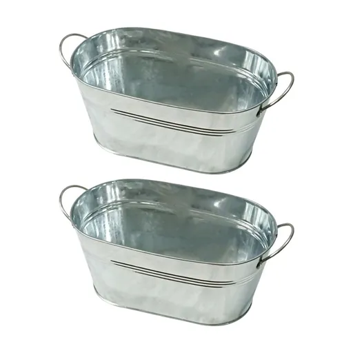 Party Drink Chiller Ice Buckets Set, 2 Piece Galvanized Oval Beverage Tub with Side Handle and Wide Opening Design for Patios Gatherings and Buffets Tables
