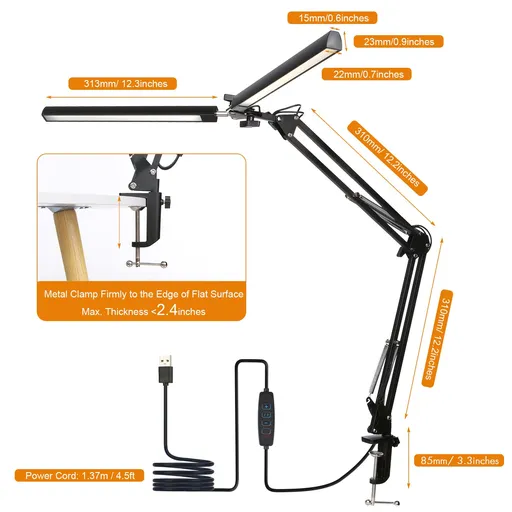 Neoglint D C5V 2A 24W 120LEDs Swing Arm Desk Lamp with Clamp Architect Table Light 3 Colors Temperature Changing Lighting/ 10 Levels Brightness Adjustable Dimmable/ USB Powered Operated/ Power-off Memory Function/ Adjustable Illumination Angle/ with