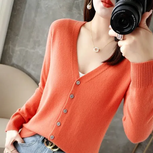 Women V Neck Knitted Cardigan Long Sleeve Sweater orange red M Size: M; Height (cm): 160-165; Weight (kg): 50-55; Bust (cm): 86-90; Waist (cm): 70-74; Shoulder width (cm): 38; Length (cm): 60