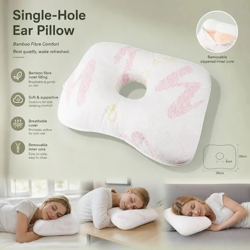 Removable Inner Core Ear Protection Pillow 39x28x6, Pink, Hygienic Reusable Sleep Pad