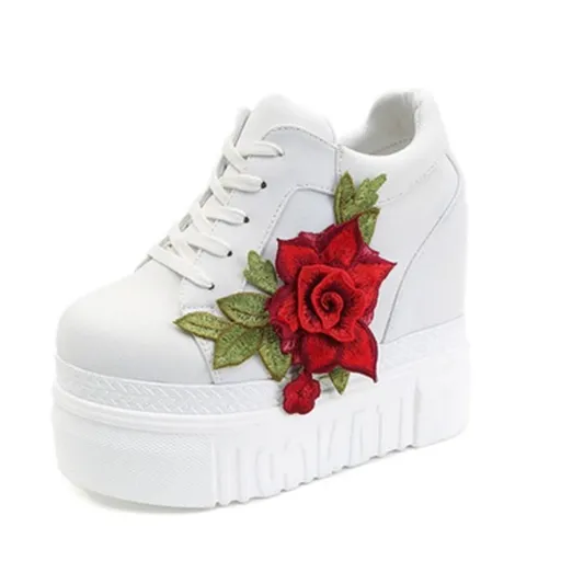 Hod Health & Home Red Rose Wedge Sneakers Embroidered Flower White Black High Heels - White - 39