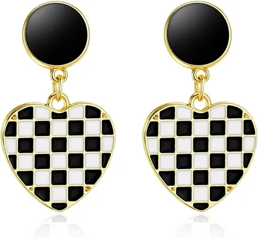 Racing Earrings, 1Pair Heart-Shaped Checkered Earrings for Women for Racing Fans Race Day Gift (Black and White)