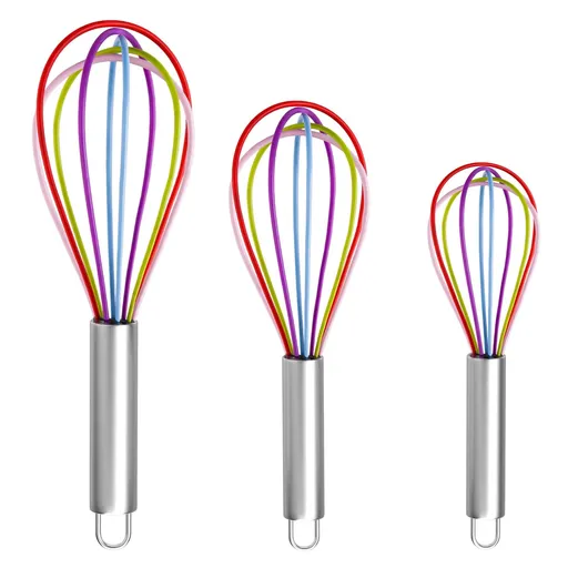 Silicone Whisk Set of 3 - Silicone Whisks for Cooking Non-Scratch – Silicone Whisk Set - Hand Whisk - Metal Whisk