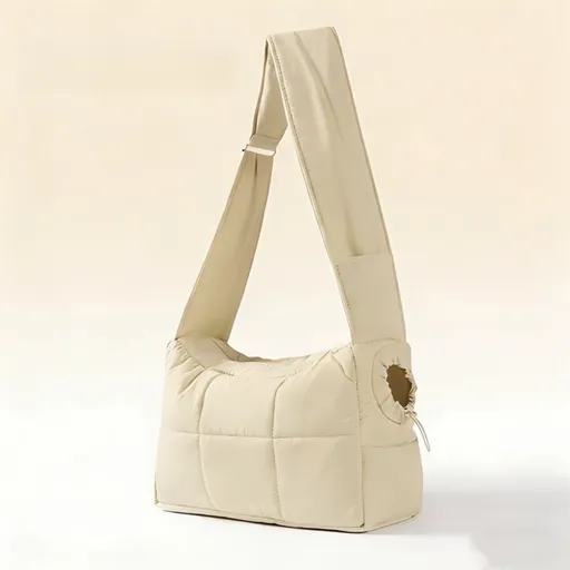Beige Foldable Insulated Quilted Pet Shoulder Bag with Adjustable Peep Hole & Safety Buckle - Thickened Warm Travel Tote for Small Dogs & Cats Within 5.7KG