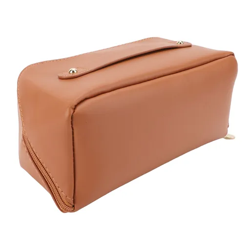 Travel Makeup Bag Portable Waterproofing PU Leather Toiletry Bag High Capacity Cosmetic Storage Bag with Handle Brown