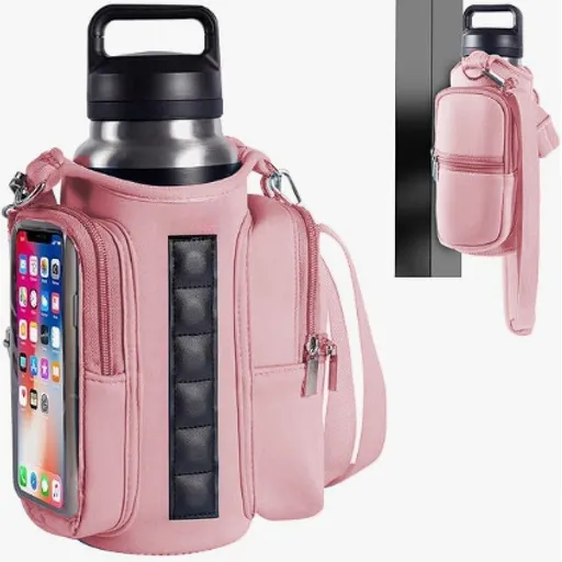 Transparent Single Row 6 Magnet Fitness Water Bottle Bag: HD touchscreen phone pocket, multi-pocket storage, thickened wear-resistant material securely attaches to equipment, one bag handles all sports and travel needs./PINK