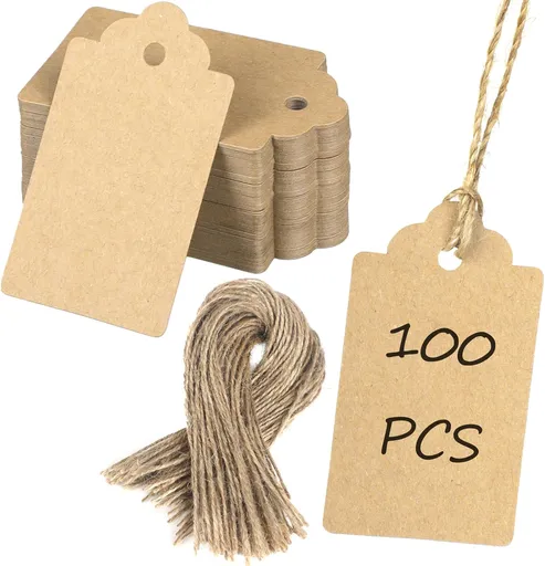100 Pcs Kraft Paper Tags with String Writable Brown Price Tags with Jute Twine Hang Tag for DIY Crafts Clothing Christmas Wedding Birthday Blank Merchandise Marking Tag, 2 3/4" x 1 1/2"