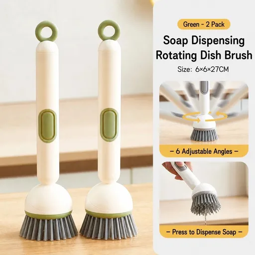 2pcs Home Refillable Rotating Pot Brush: One-Press Liquid Dispensing, 360° Rotating Head, Fine PET Bristles for Powerful Cleaning Without Scratching, Long Handle to Keep Hands Clean, Hangable for Hygienic Storage(green)