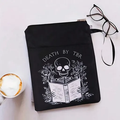 Black skull Zippered Book Sleeve with Printed Design – Waterproof Protective Cover for Books, Ideal for Readers and Students with Extra Pocket & Carry Strap