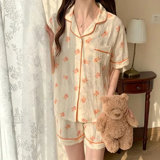 Orange Bunny Head Size M | Bubble Crinkle Bunny Head Short Sleepwear | Halloween Bright Daily Gift | Vivid Casual Comfortable Women's Pajama Set