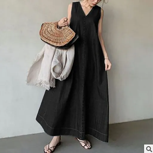 Tuoxin Denim Dress Women V Neck Washed Long Sleeveless Black M Size: M; Height (cm): 160-165; Weight (kg): 50-55; Bust (cm): 86-90; Waist (cm): 70-74; Shoulder width (cm): 38; Length (cm): 60