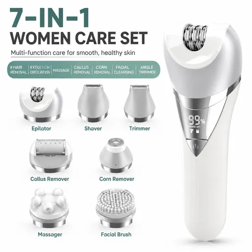 Mutifunctional Women's 7-in-1 Full Body Care Set with Hair Epilator / Precision Shaver / Bikini Shaping / Foot Callus Remover / Facial Massager - Painless Enclosed Blade, LED Lighting and 2 Speed Settings