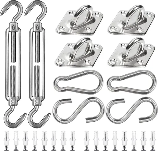 Shade Cloth Mounting Set - 42-Piece - Stainless Steel - Hardware Kit for Sun Sail - For Rectangular / Square Sun Shade Sails - Hammock Mounting Set - Shade Cloth Mounting Material