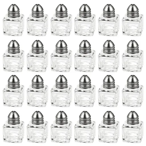 24 pack 1/2 oz Mini Salt Shakers Stainless Steel - Mini Square Glass Cube Salt and Pepper Shakers with Stainless Steel Top Individual Shakers for Restaurants or Weddings