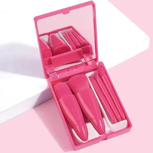 Red 5-Piece Compact Makeup Brush Set with Mirror - Synthetic Fibre Travel Case with Foundation, Powder & Blush Brushes - Portable Beauty Tool Kit for On-the-Go Touch-Ups