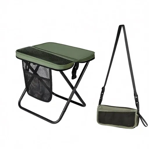 Green Portable foldable stool with a crossbody strap - High Carbon Steel Frame and Oxford Fabric Outdoor Camping Chair with Mesh Storage Pocket - Lightweight Travel Seat for Hiking Fishing and Festivals