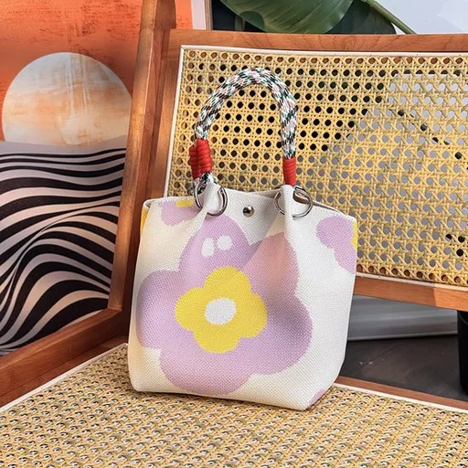 Handbags - Vintage Knitted Shoulder Bags - Casual Knitted Bags - Floral Design - Woven Handle Shopper for Daily Outings & Shopping（Purple）