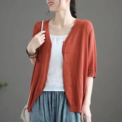 Ice Silk Women Cardigan Loose V Neck Half Sleeve orange red XL Size: XL; Height (cm): 170-175; Weight (kg): 60-65; Bust (cm): 94-98; Waist (cm): 78-82; Shoulder width (cm): 40; Length (cm): 64