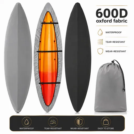 Heavy-Duty 600D Oxford Kayak Cover Waterproof UV-Resistant Canoe Protector with Storage Bag, Universal Fit for Outdoor Patio, Shore & Beach – Full-Season Shield Against Rain, Dust & Sun (Grey, For 3.6‑4 m (11.8‑13.1 ft) boat)