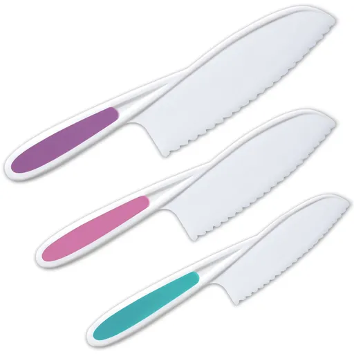 Kids Knife Set of 3 - Firm Grip, Serrated Edges & Safe – Colorful Nylon Toddler Cooking Knives to Cut Fruits, Salad, Cake, Lettuce