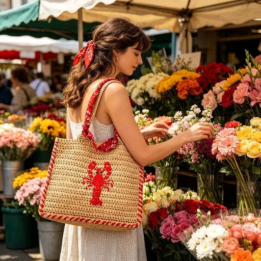 Natural Woven Straw Beach Bag, Lobster Embroidery Raffia Tote with Detachable Strap, Bohemian Mini Handbag for Vacation Resort Bag Supplies