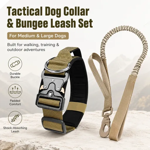 Khaki Tactical Dog Collar and Bungee Lead Set (M size) - Padded Quick Release Collar with Control Handle and Shock Absorbing Leash for Medium and Large Dogs