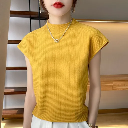 wu Thin Short Sleeve Plaid Knitted Top Turmeric XXL Size: XXL; Height (cm): 175-180; Weight (kg): 65-70; Bust (cm): 98-102; Waist (cm): 82-86; Shoulder width (cm): 41; Length (cm): 66
