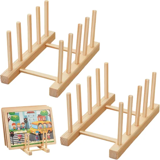 2 Pcs Wooden Puzzle Display Stand Jigsaw Holder Rack Puzzle Pot Lid Storage Organizer Shelf for Playroom Decor Craft Collection Lovers