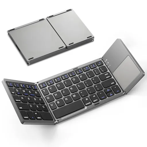 Foldable Bluetooth Keyboard with Touchpad, Wireless Portable Keyboard, Ultra Slim Rechargeable Folding Keyboard with Full-Size Keys for iOS Android Windows Laptop Tablet PC,Grey