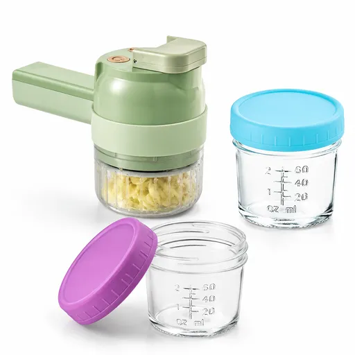 Seasoning Preparation and Storage Set-Green Electric Handheld Food Processor With Light Blue lid and Purple lid 4oz Glass Storage Jars - USB-C Charging - Multi-Function Chopper, Slicer and Cleaning Brush Set for Garlic Vegetables