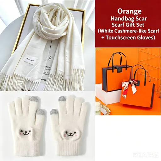 White Winter Cashmere-Like Scarf and Gloves Gift Set for Women - Solid Color Tassel Warm Neck Wrap with Touchscreen Knit Mittens, Premium Gift Box - Birthday & Holiday Present