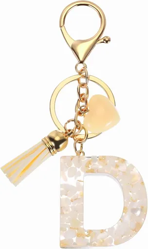 Initial Letter Keychain with Tassel and Lobster Clasp for Keys and Bags, Gold White D, Letter D Option, Daily Comfort Use