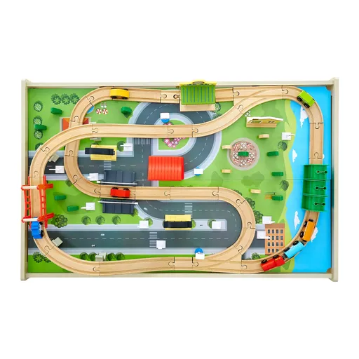 Train Table, 84 Multicolor Pieces Wooden Kids Activity Table with Collapsible Storage Bin, 3-in-1 Wooden Train Set for Gaming, Drawing, Reading, Eating, Creative Toy Set for Kids Ages 3+