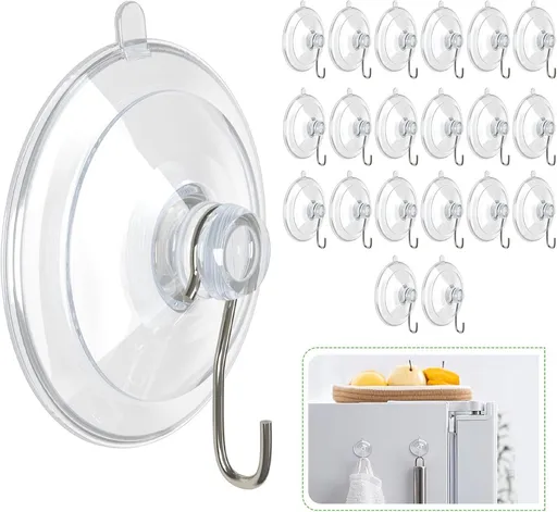 Suction Cup Hooks (20 Pieces) - Suction Cup Hooks - 1.77 Inch Clear Suction Cups - up to 3kg - with Metal Hooks - Threaded - Brute Strength - suction cup hooks - for Kitchen Bathroom Shower Wall Window Door - hanging hooks - suction cups sun protecti