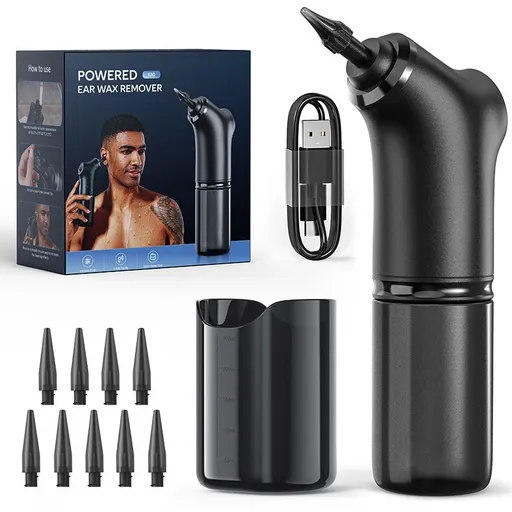 E30 Professional Electric Ear Irrigation and Ear Wax Removal Kit - Type-C Charging, 4 Pressure Levels, 200ML Tank & 10 Specialized Nozzles(9pcs 1-hole Nozzles & 1pcs 5-hole Nozzle)