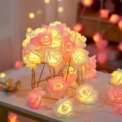 Fairy Lights 50 Pink n White Rose 5M Long String Battery Indoor Outdoor Decorations