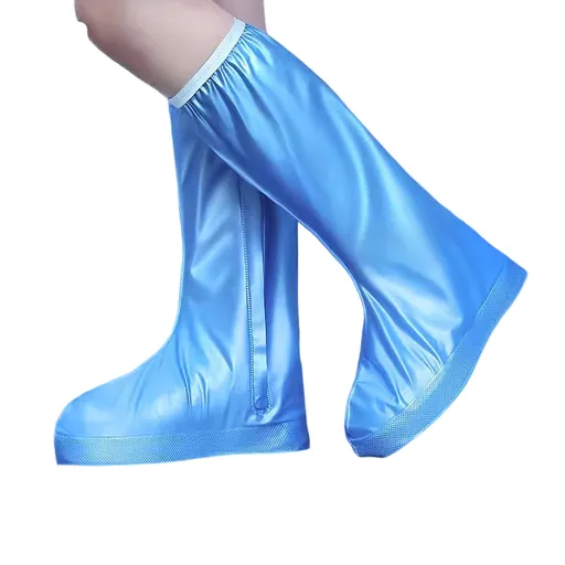 Blue 2XL High Top Waterproof Rain Shoe Covers - 40 cm Reusable Overshoes with Side Zip, Double-Layer Waterproof Flap, Non-Slip Thickened Sole for Travel and Wet Weather