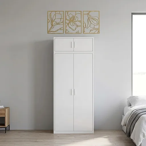 80x240cm 2-Door White Steel Hanging Wardrobe with White Handle Storage Cabinet