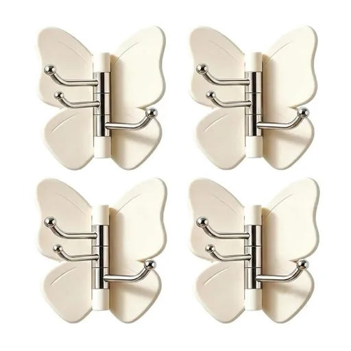 4 Pack Rotating Butterfly Adhesive Wall Hooks, 270° Swivel 3-Prong Towel Hangers with Adjustable Wings, No-Drill Heavy Duty Stick-on Hooks for Inner & Outer Corners, Bathroom, Entryway - Beige - Size 9cm