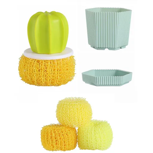 Cactus-shaped nano cleaning brush set with 3 pack yellow replacement heads and Green storage box - PP Material, Non-Scratch Design, Multi-Purpose Kitchen Scrubber for Pots, Pans and Dishes - Space Saving Storage, Easy Grip Ergonomic Shape