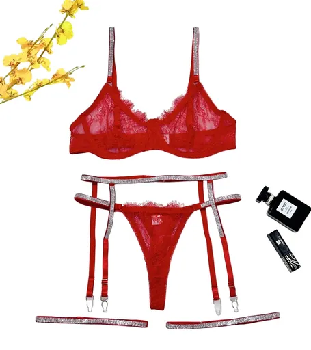 House Of Dasein Cross-Border Sexy Lingerie Lace Trim Rhinestone Transparent Thong Garter Belt Four-Piece Set - Red - M