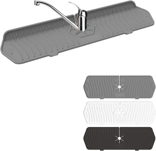Sink Drain Mat Behind Faucet,Faucet Guard Draining Mat, 90° Foldable Tap Draining Mat for Kitchen Sink with 2 Water Ports, Faucet Drain Mats for Kitchen, Bathroom, etc (Gray, 17.7"*5.78")