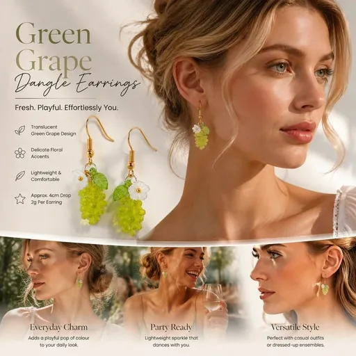 Soft Nature Drop Earrings, Transparent Green Grape Single Bloom And Leaf, One Pair