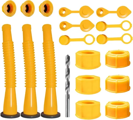 3-Pack Fuel Can Spout Kit with Flexible Yellow Spouts, Coarse & Fine Threaded Caps, Dual Vent Caps, Sealing Gaskets, and Installation Drill Bit for Standard Gas Cans (Yellow)