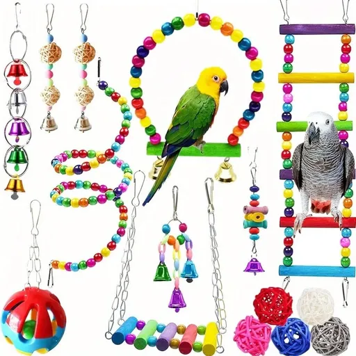 15pcs Bird Parrot Swing Chewing Toy Wood Hanging Bell with Hammock Climbing Ladders Pet Birds Cage Toys for Parakeet Cockatiel Finches Budgie Macaws Love Birds Gift (Color Randomly Sent)